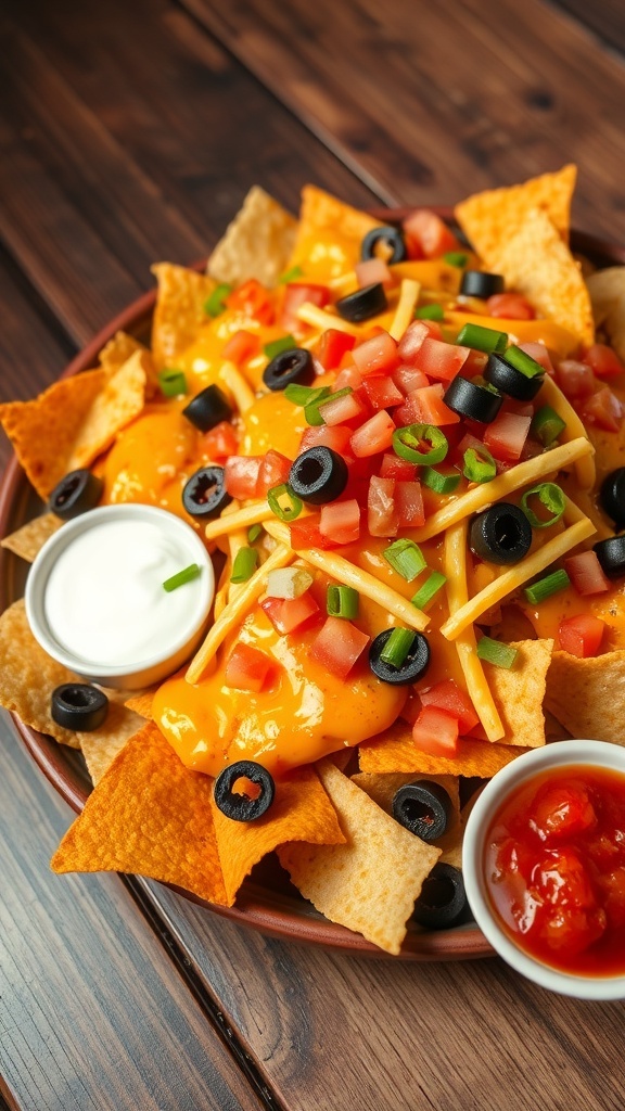 Cheesy baked nachos topped with jalapeños, olives, and tomatoes, served with sour cream and salsa.